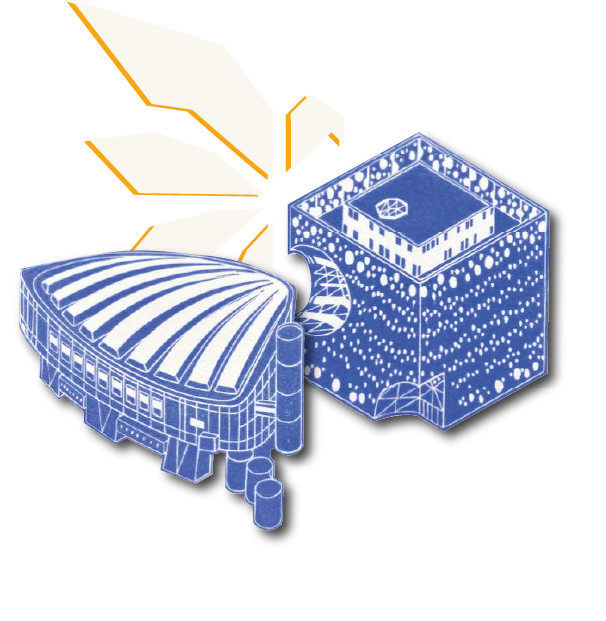 deux bâtiments emblématiques de la ville de lyon en gravure sur bois bleu, l'auditorium de lyon et le cube orange, derrière les bâtiments le logo de l'union chocolat en blanc avec une ombre jaune