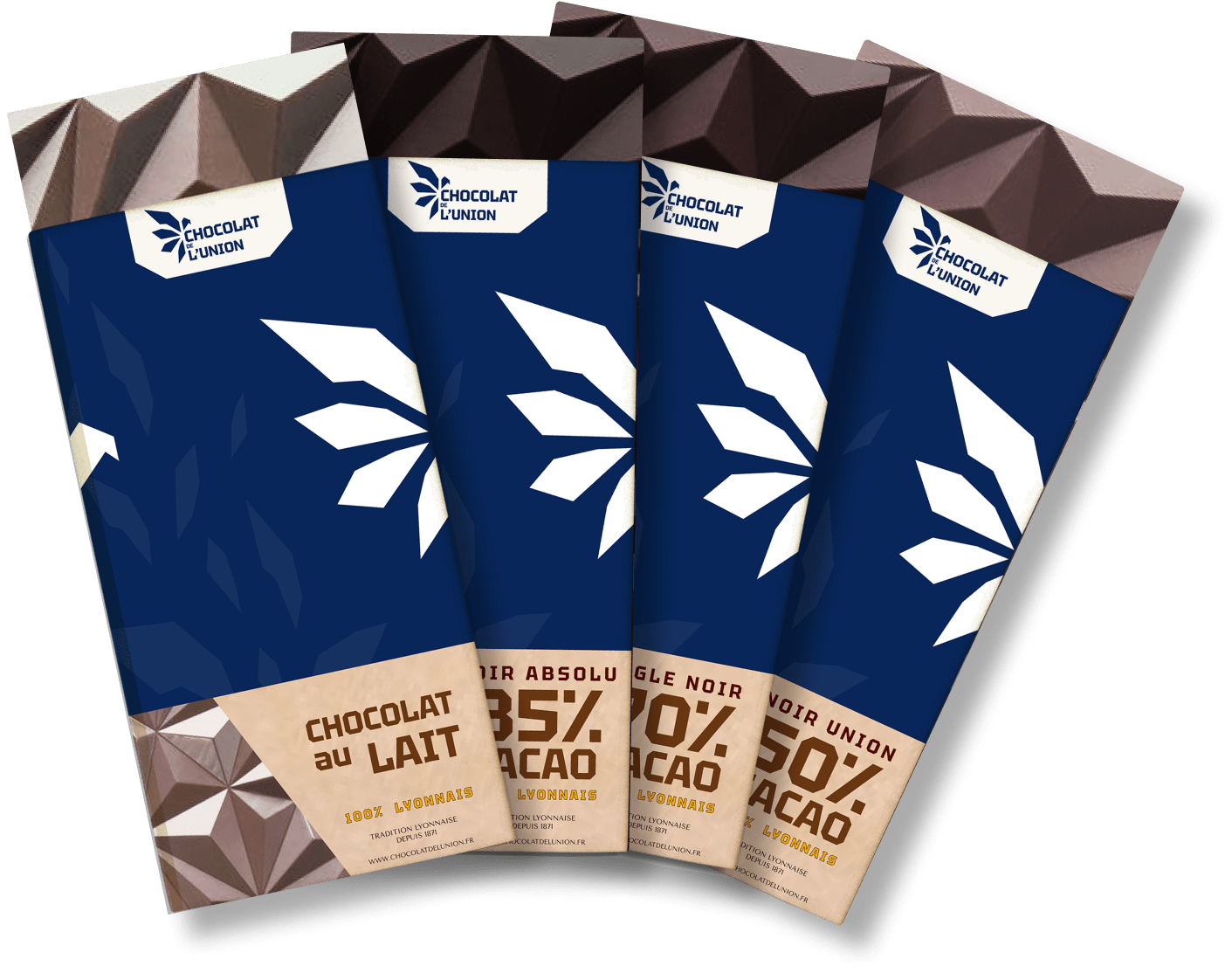 4 tablettes de marque Union Chocolat, emballage en bleu