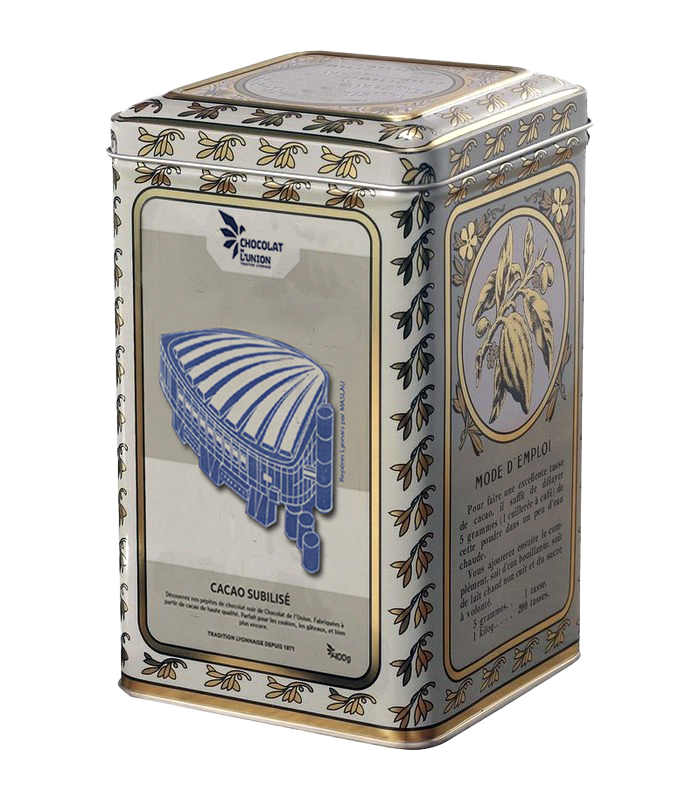 Boîte en métal de la marque de chocolat de l'union avec une illustration linogravure de l'auditorium de Lyon en bleu, produit cacao solubilisé