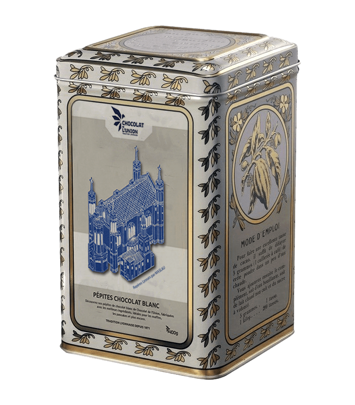 boîte en métal de la marque de chocolat de l'union avec une illustration en linogravure de la basilique de Fouvière en bleu, produit pépites chocolat blanc