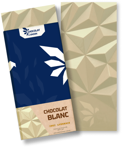 tablette de chocolat blanc de la marque lyonnaise chocolat de l'union, emballage en blue
