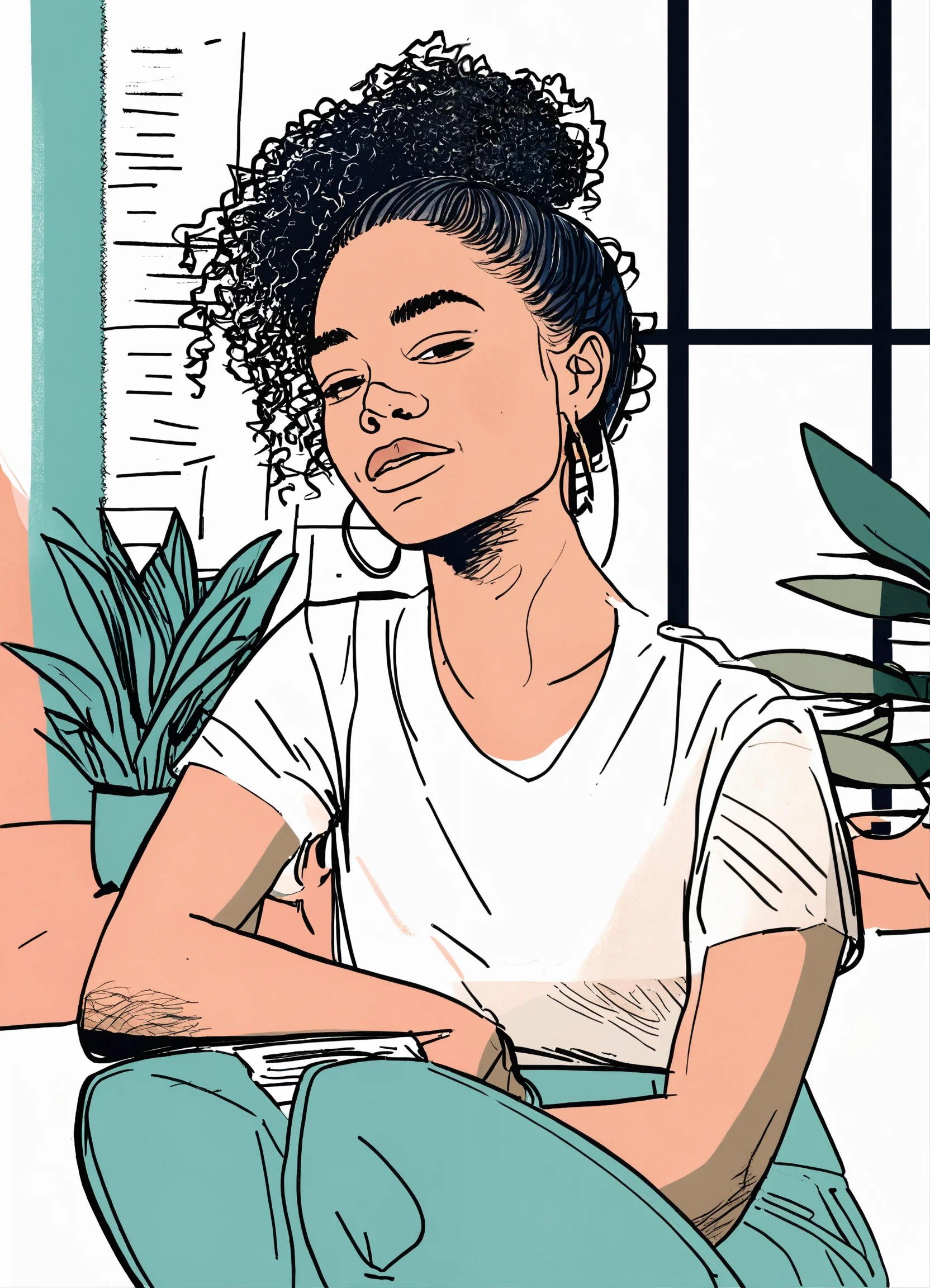 illustration femme, t-shirt blanche, pantalon verte 